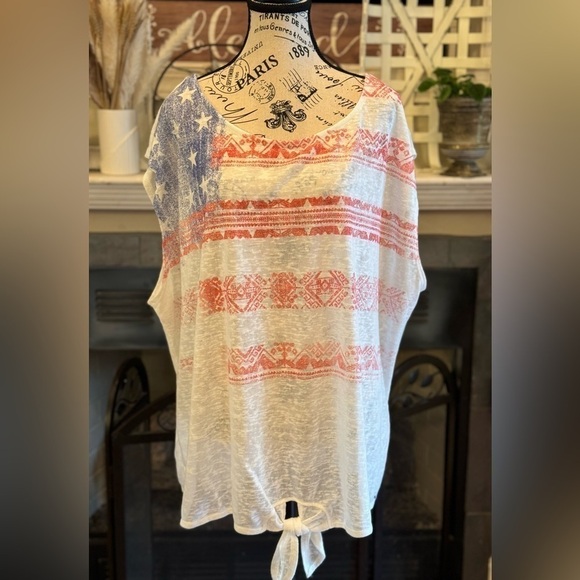 Tops - Kate & Sam Gauzy American Flag 4th of July Shirt 3X Sleeveless Peekaboo Back